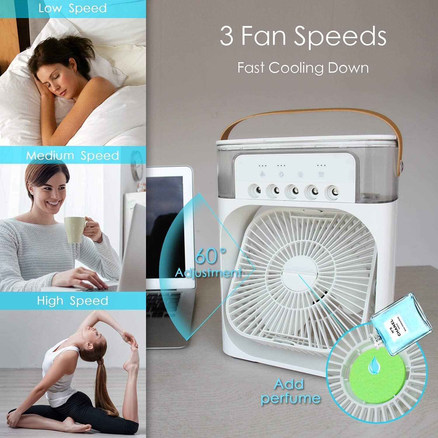 Portable Air Conditioners - Small AC Quiet Personal Air Cooler, USB Powered Mini Desktop Cooling Misting Fan, 1 | 2 | 3 Timer 3 Smart Speeds, 360°Adjustment Office, Home, Room, Carved Design MULTI GenzVybs